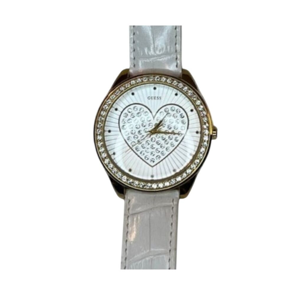 GUESS White Leather Heart Dial Crystal Quartz Watch Ladies Wristwatch